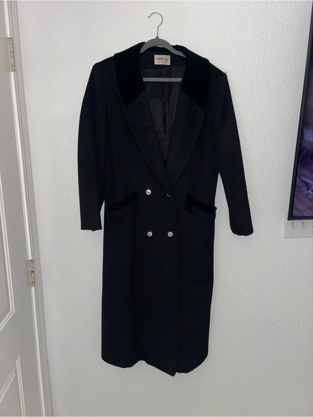 Cathy Jo Vintage Black Wool Coat Velvet Collar Double Breasted Longline USA M - Picture 3 of 8